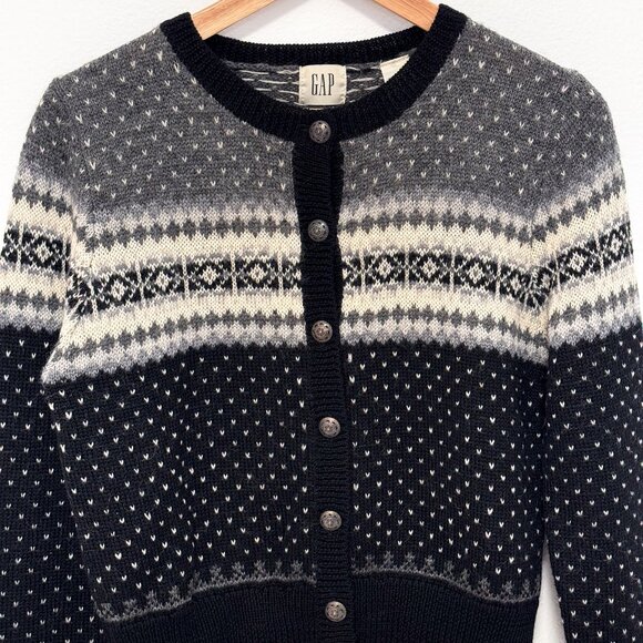 Vintage 90s GAP 100% Wool Black Fair Isle Nordic Cardigan Sweater Size Medium - Picture 3 of 10
